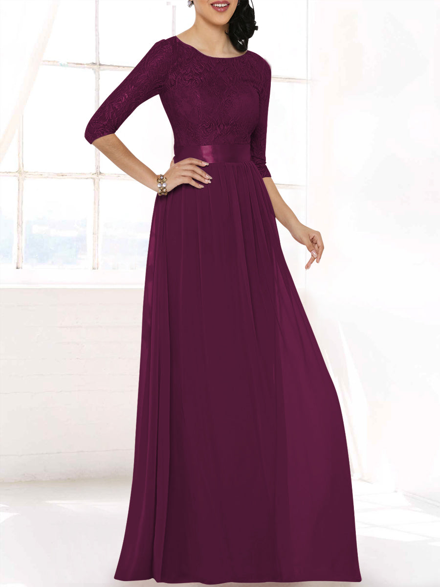 Lace Column Boat Neck 3/4-length Sleeves Bridesmaid Dress-MB53403