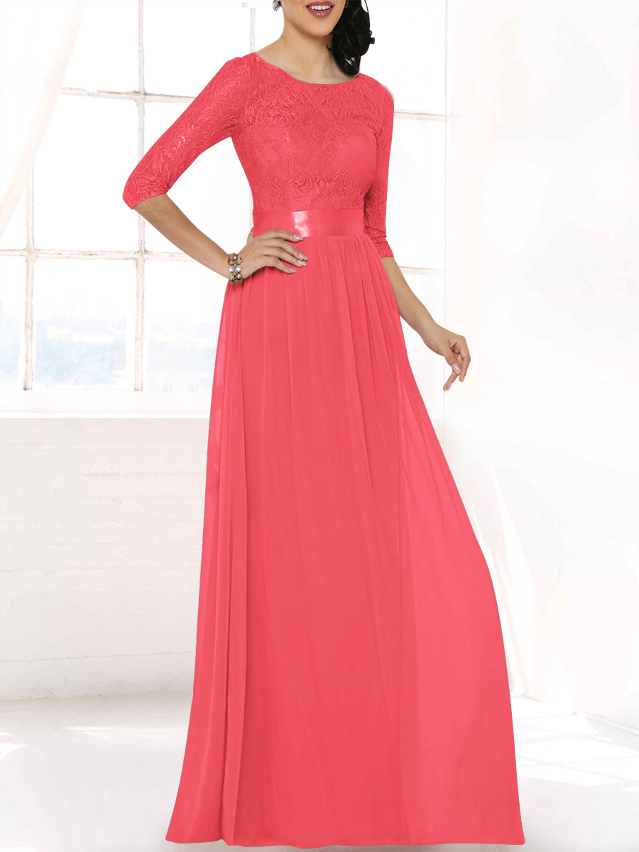 Lace Column Boat Neck 3/4-length Sleeves Bridesmaid Dress-MB53403