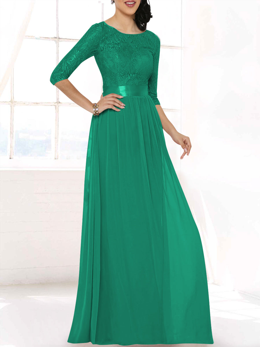 Lace Column Boat Neck 3/4-length Sleeves Bridesmaid Dress-MB53403