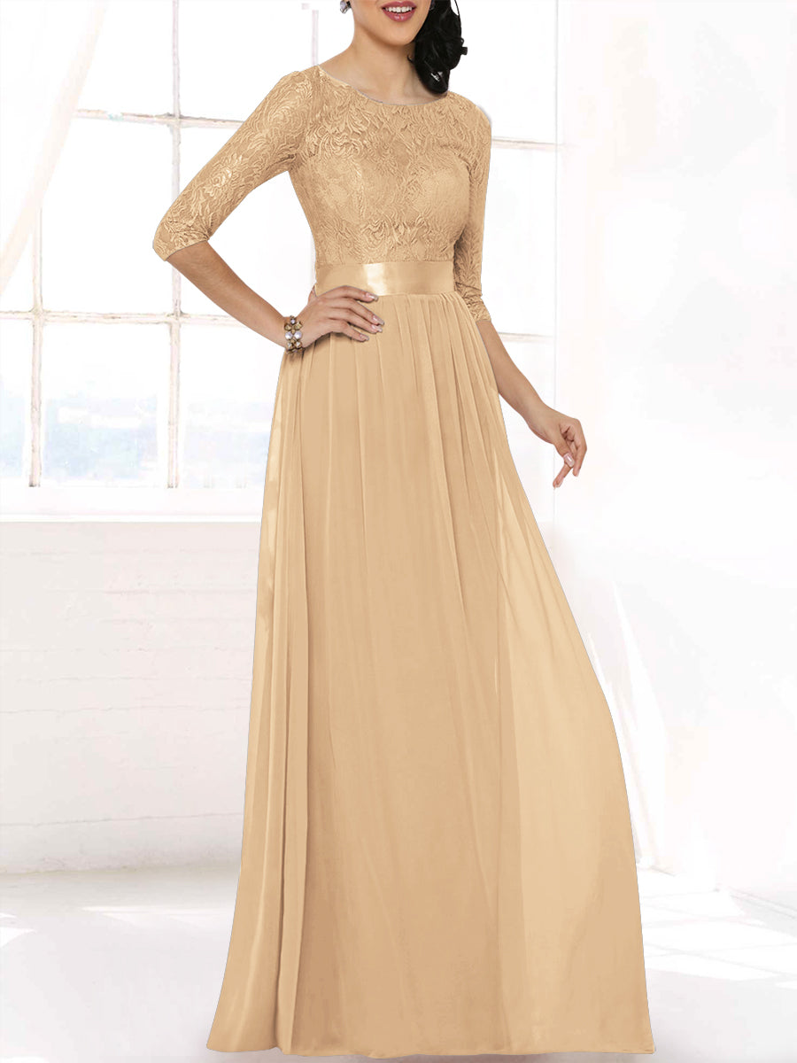 Lace Column Boat Neck 3/4-length Sleeves Bridesmaid Dress-MB53403