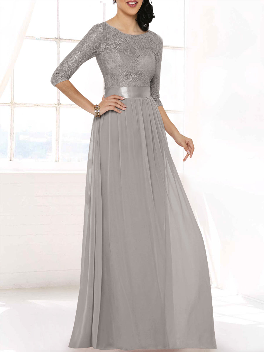 Lace Column Boat Neck 3/4-length Sleeves Bridesmaid Dress-MB53403