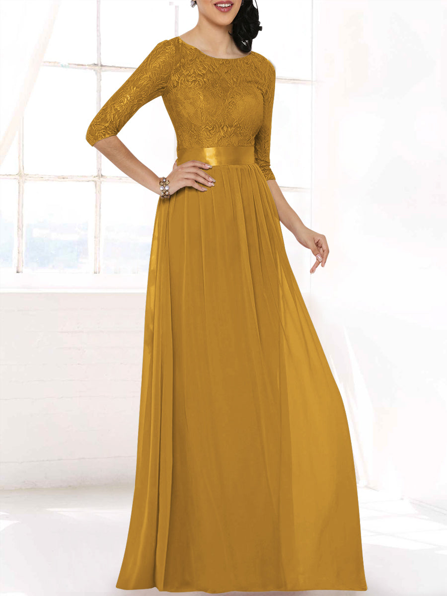 Lace Column Boat Neck 3/4-length Sleeves Bridesmaid Dress-MB53403