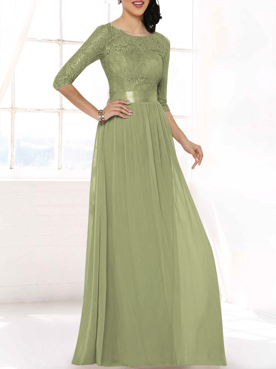 Lace Column Boat Neck 3/4-length Sleeves Bridesmaid Dress-MB53403