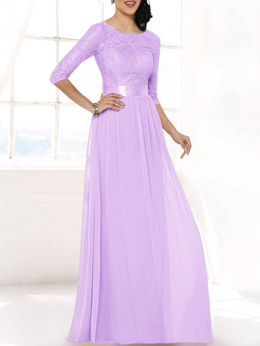 Lace Column Boat Neck 3/4-length Sleeves Bridesmaid Dress-MB53403