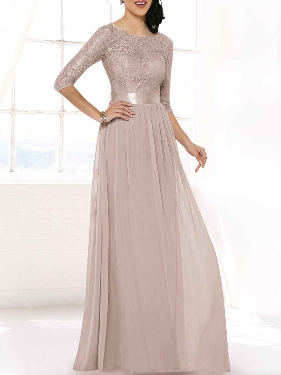 Lace Column Boat Neck 3/4-length Sleeves Bridesmaid Dress-MB53403