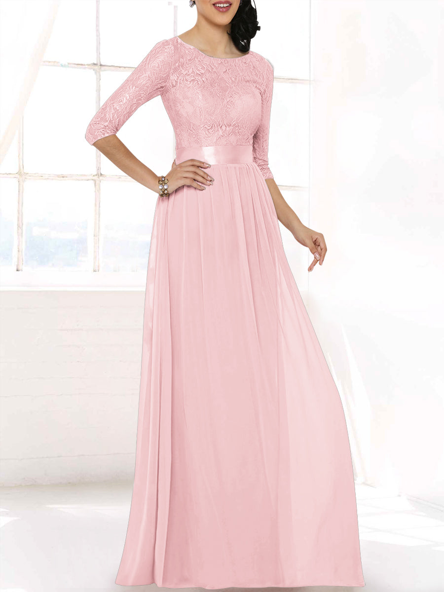 Lace Column Boat Neck 3/4-length Sleeves Bridesmaid Dress-MB53403