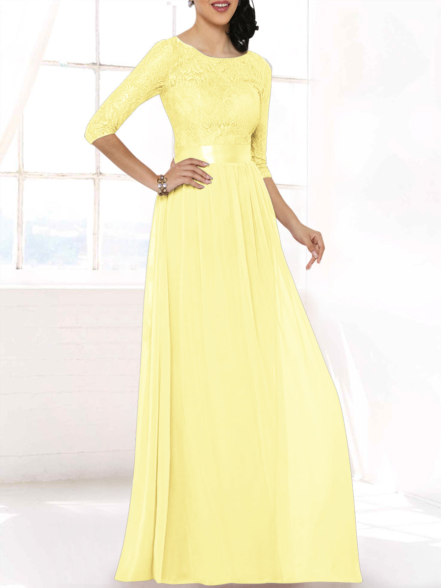 Lace Column Boat Neck 3/4-length Sleeves Bridesmaid Dress-MB53403