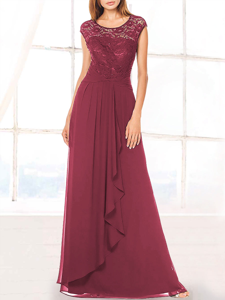 Lace Column Boat Neck Cap Sleeves Bridesmaid Dress-MB53410