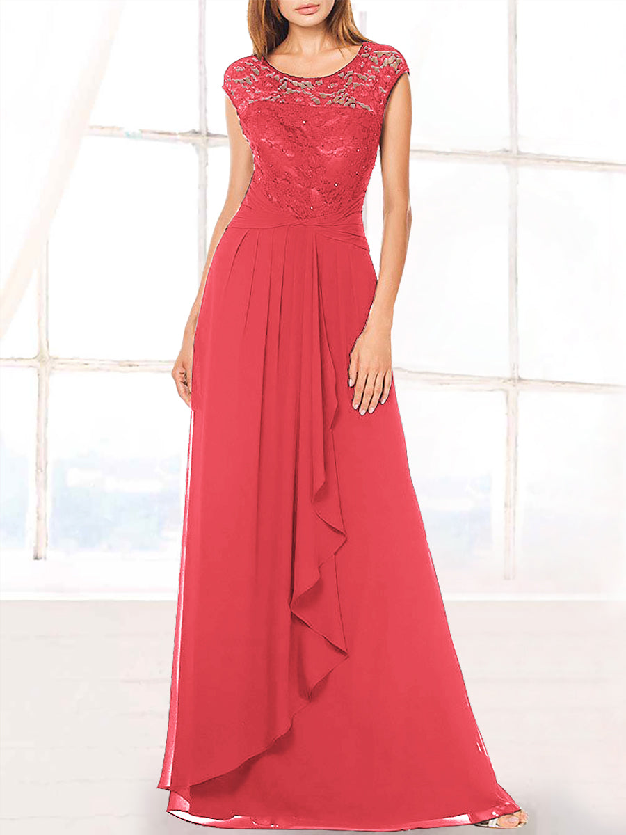 Lace Column Boat Neck Cap Sleeves Bridesmaid Dress-MB53410