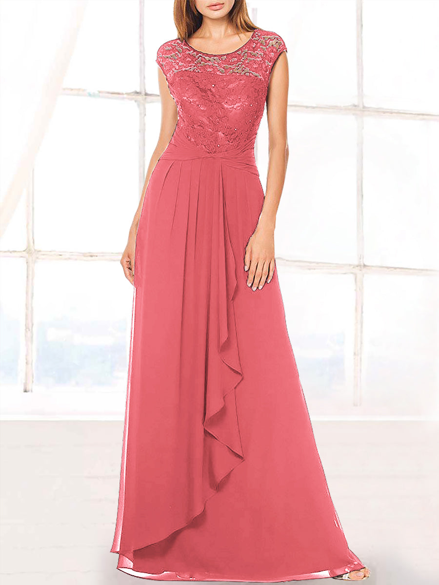 Lace Column Boat Neck Cap Sleeves Bridesmaid Dress-MB53410