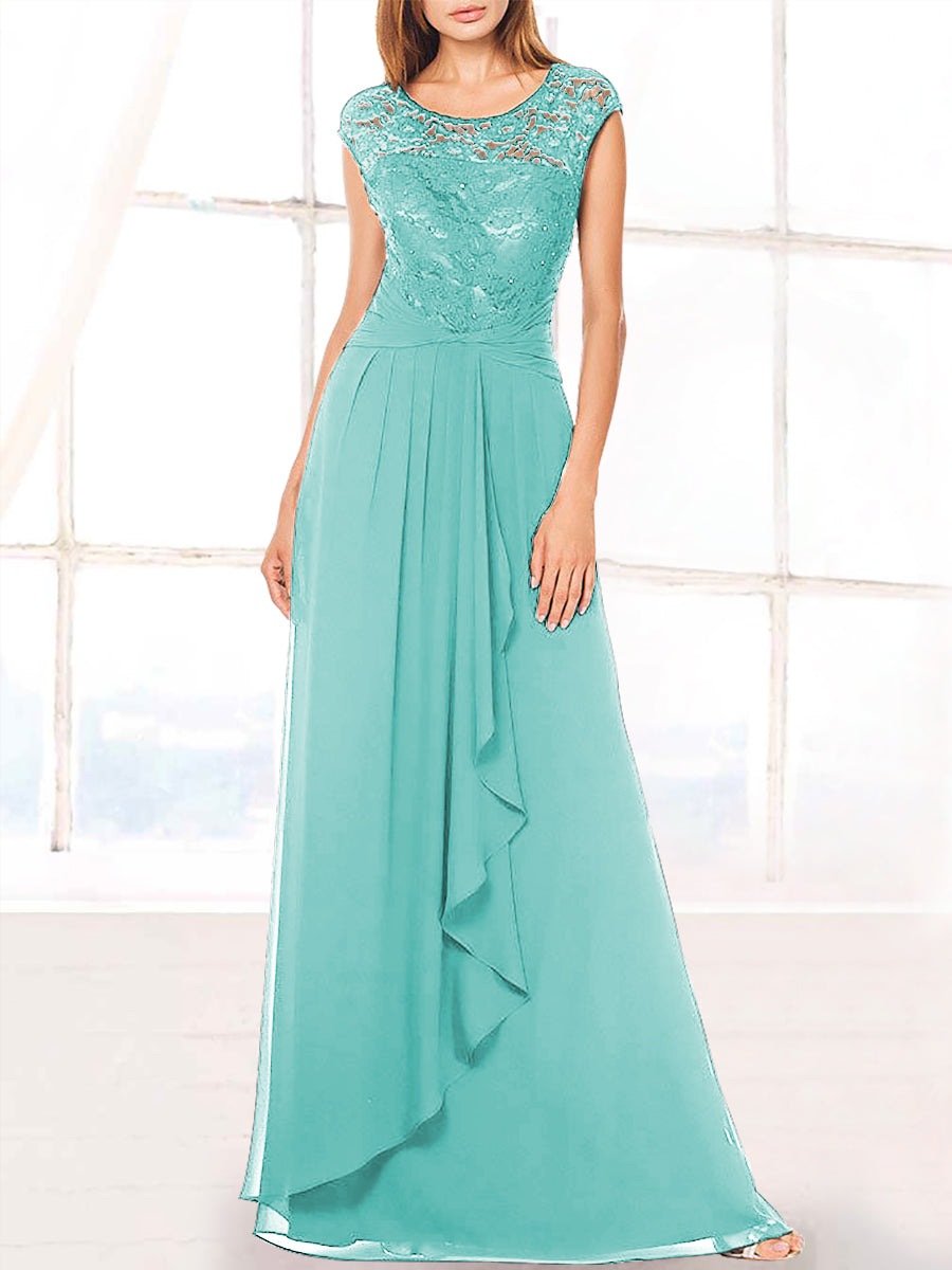 Lace Column Boat Neck Cap Sleeves Bridesmaid Dress-MB53410
