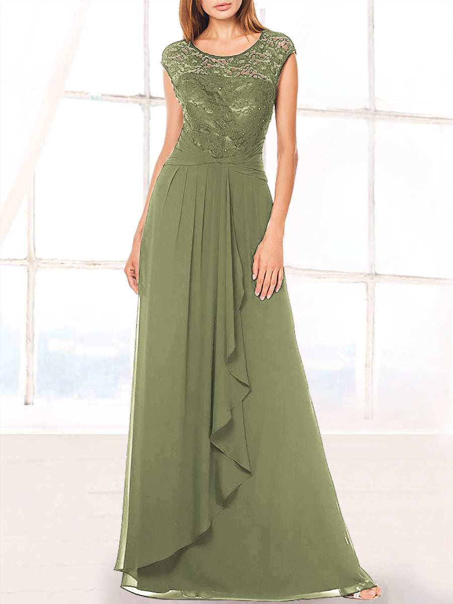 Lace Column Boat Neck Cap Sleeves Bridesmaid Dress-MB53410