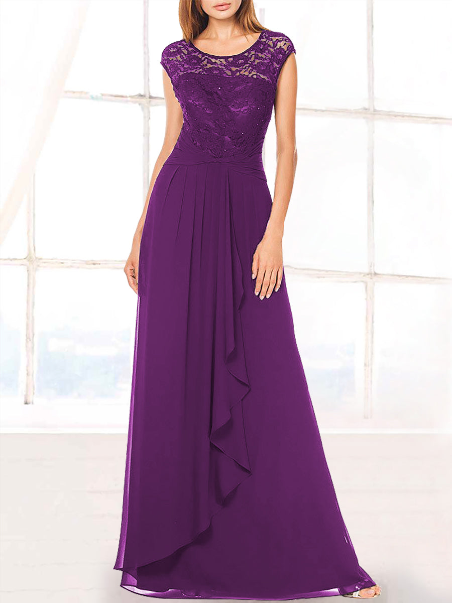 Lace Column Boat Neck Cap Sleeves Bridesmaid Dress-MB53410