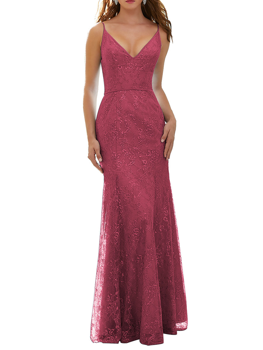 Lace Column V-Neck Sleeveless Bridesmaid Dress-MB53627