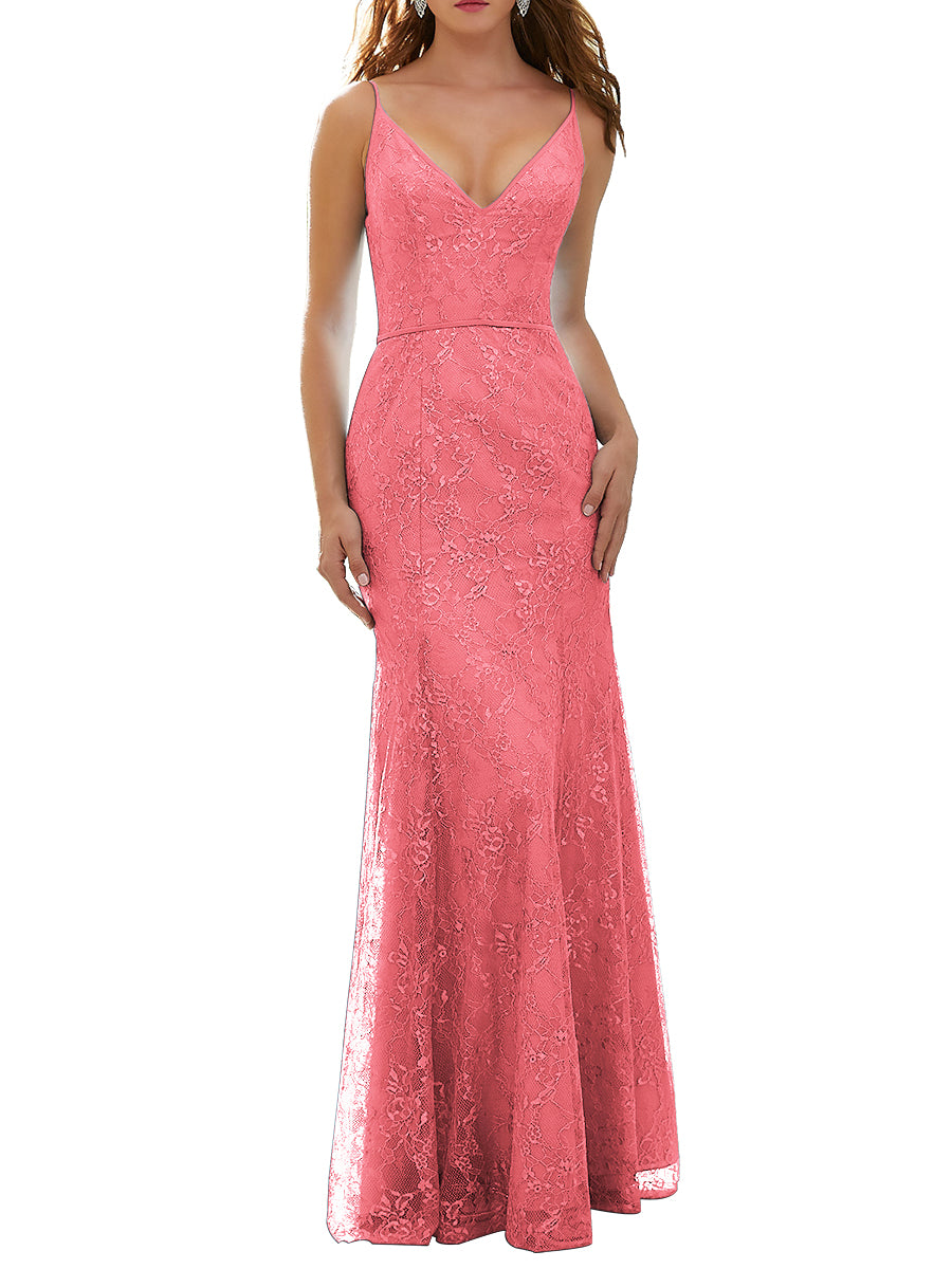 Lace Column V-Neck Sleeveless Bridesmaid Dress-MB53627