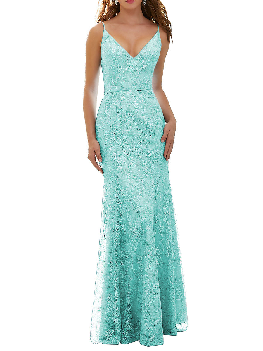 Lace Column V-Neck Sleeveless Bridesmaid Dress-MB53627