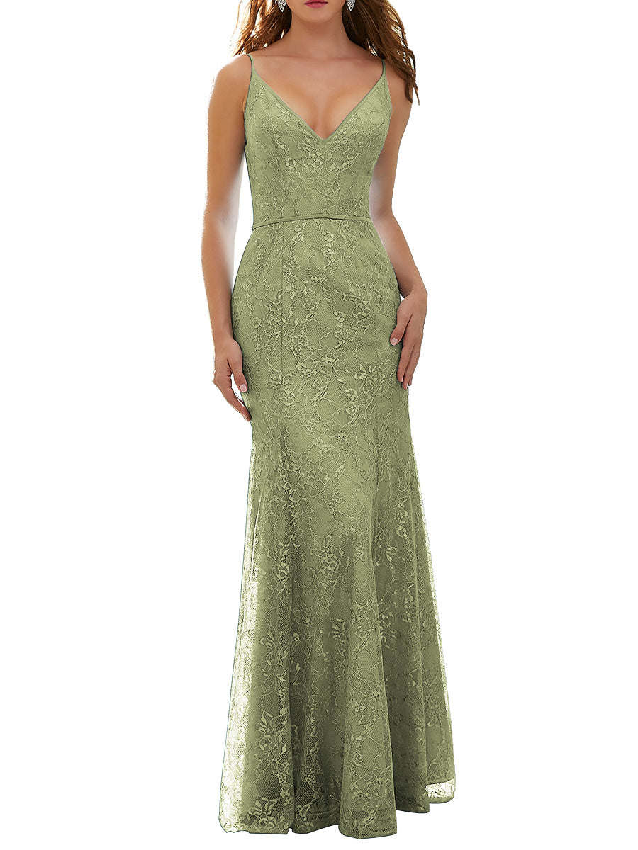 Lace Column V-Neck Sleeveless Bridesmaid Dress-MB53627