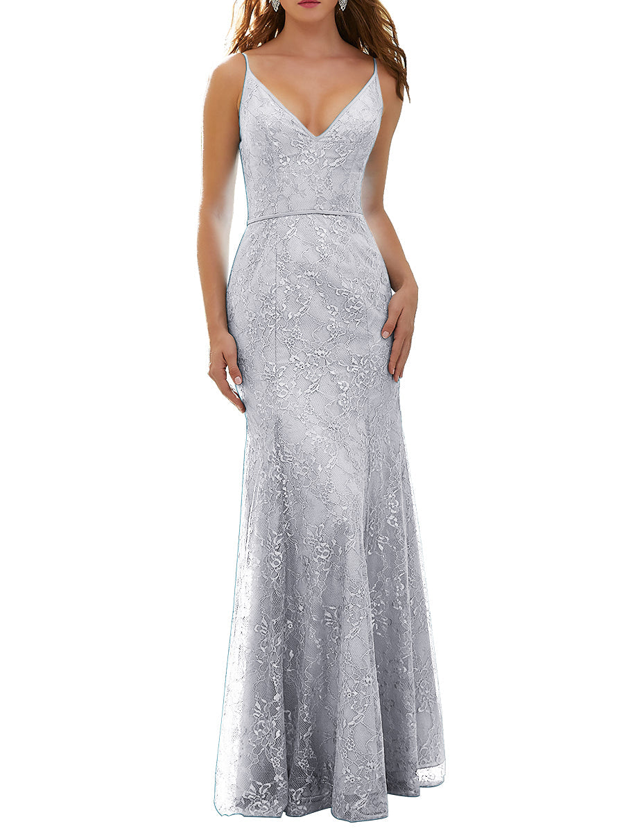 Lace Column V-Neck Sleeveless Bridesmaid Dress-MB53627