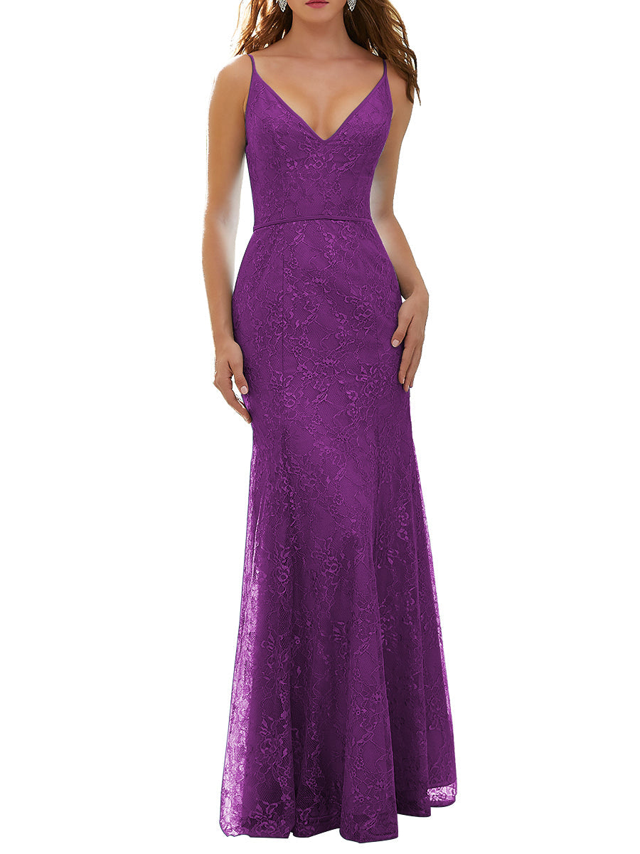 Lace Column V-Neck Sleeveless Bridesmaid Dress-MB53627
