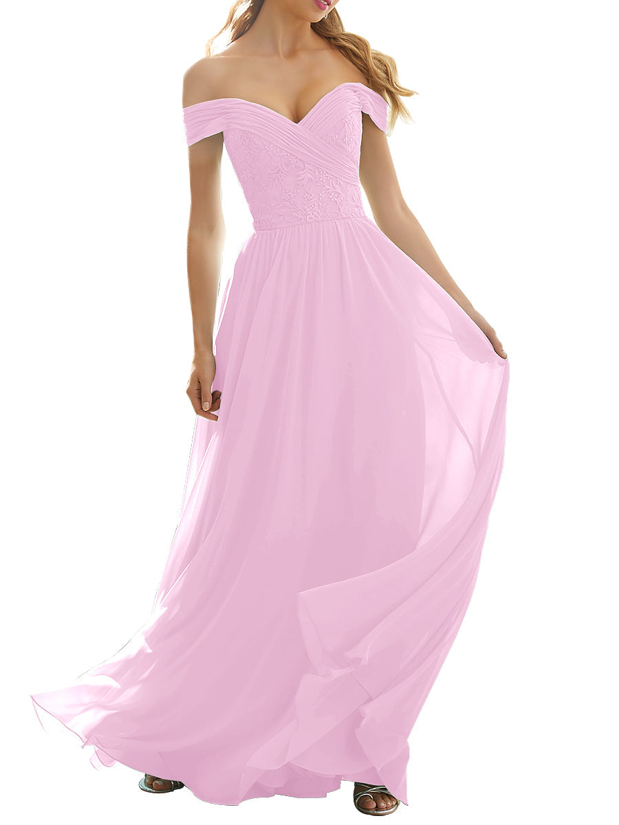 Lace Column Off the Shoulder Short Sleeves Bridesmaid Dress-MB53631