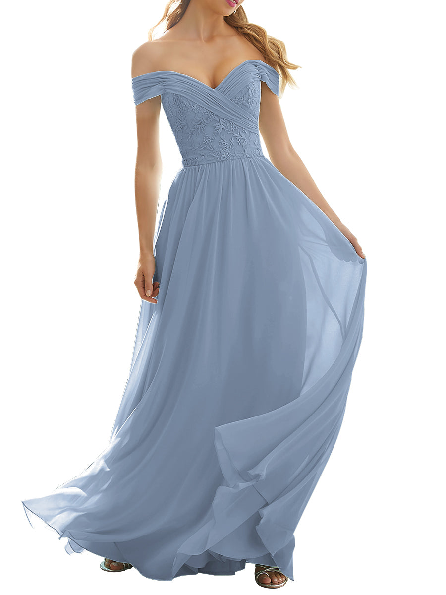 Lace Column Off the Shoulder Short Sleeves Bridesmaid Dress-MB53631