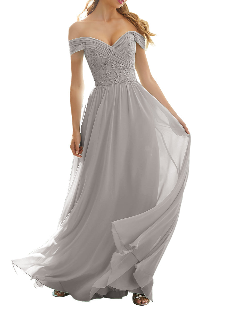 Lace Column Off the Shoulder Short Sleeves Bridesmaid Dress-MB53631