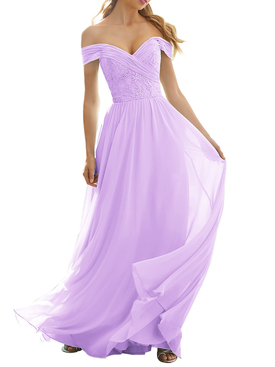 Lace Column Off the Shoulder Short Sleeves Bridesmaid Dress-MB53631