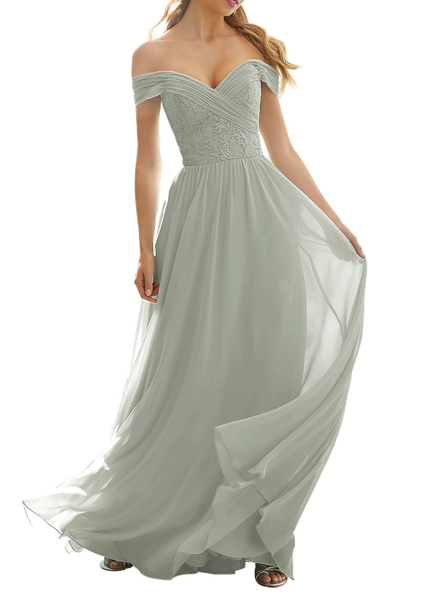 Lace Column Off the Shoulder Short Sleeves Bridesmaid Dress-MB53631