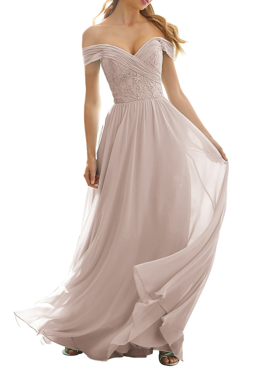 Lace Column Off the Shoulder Short Sleeves Bridesmaid Dress-MB53631