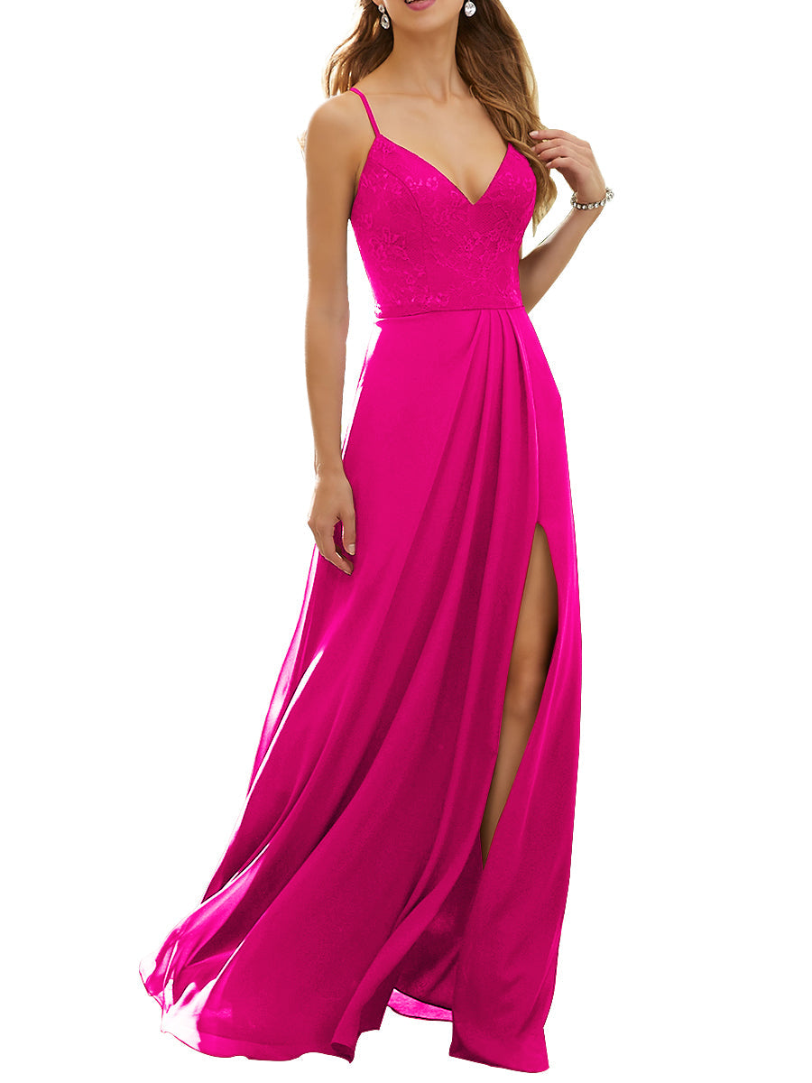 Lace Column V-Neck Sleeveless Bridesmaid Dress-MB53637