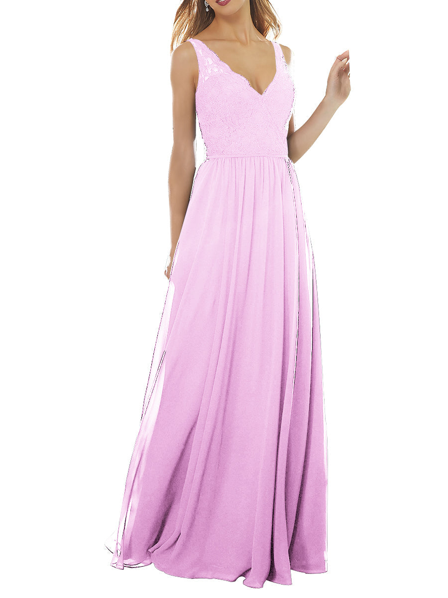 Lace Column V-Neck Sleeveless Bridesmaid Dress-MB53639