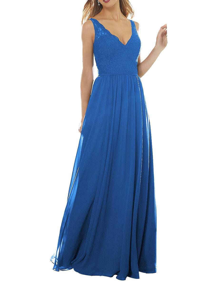 Lace Column V-Neck Sleeveless Bridesmaid Dress-MB53639