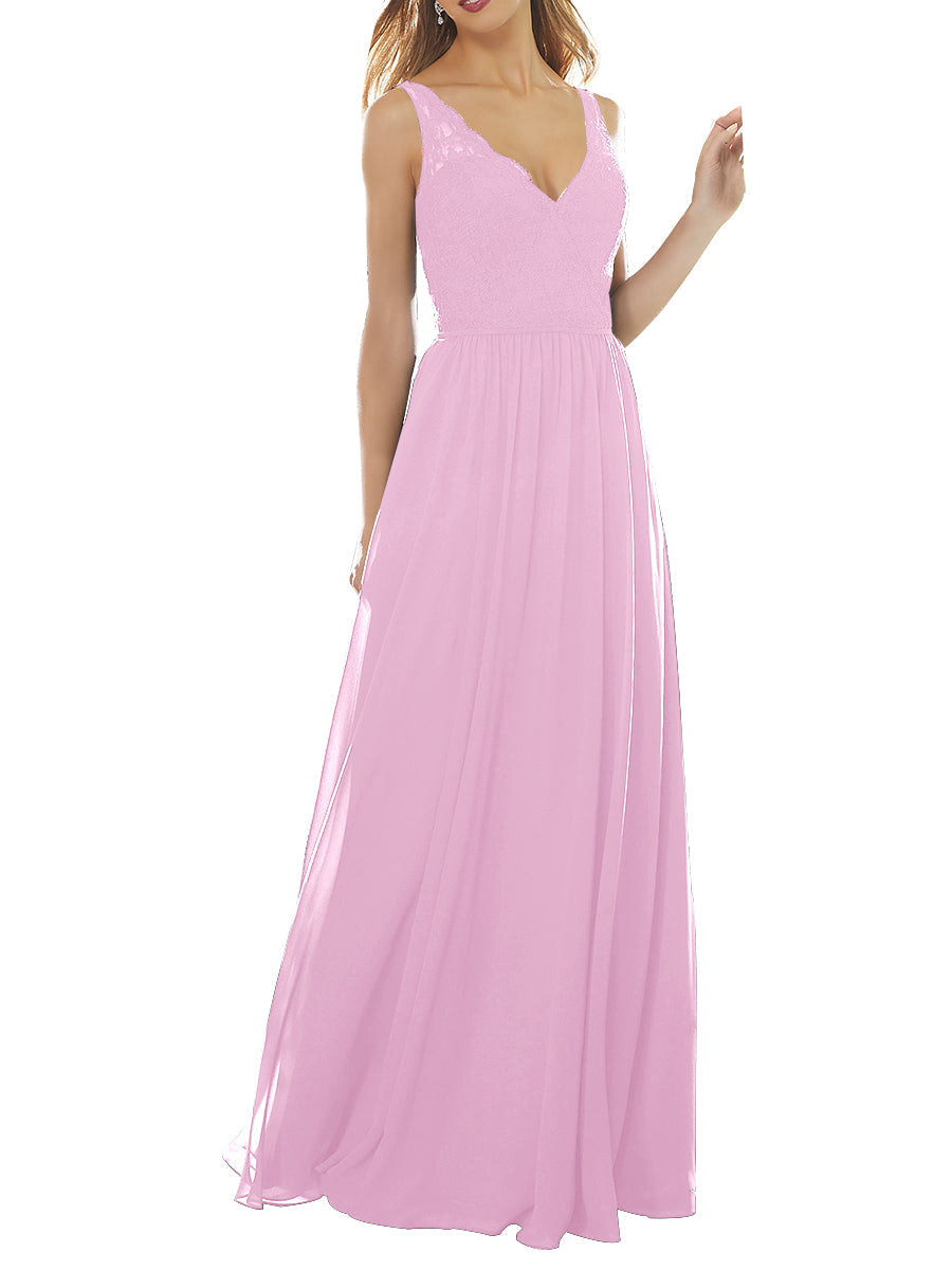 Lace Column V-Neck Sleeveless Bridesmaid Dress-MB53639