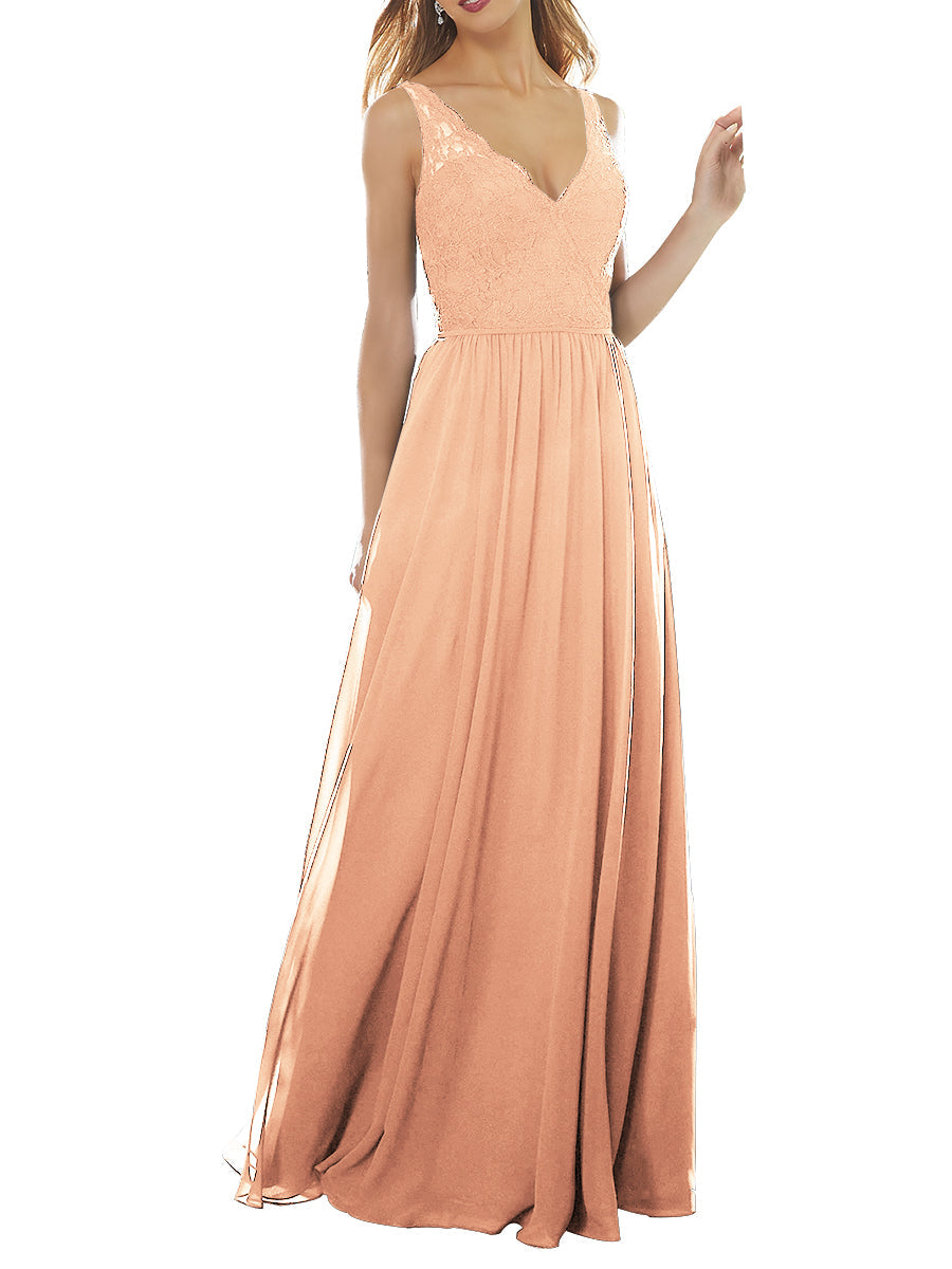 Lace Column V-Neck Sleeveless Bridesmaid Dress-MB53639