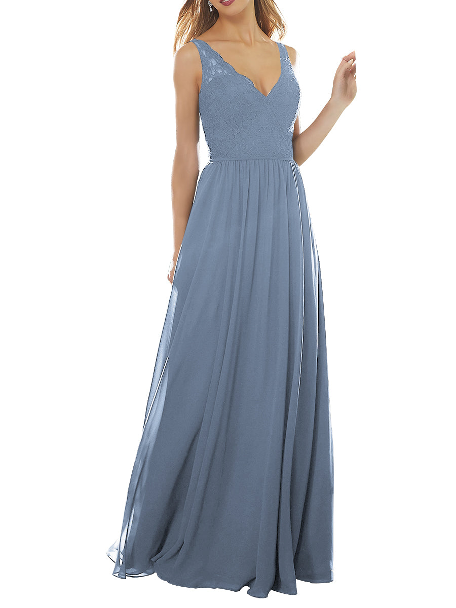 Lace Column V-Neck Sleeveless Bridesmaid Dress-MB53639