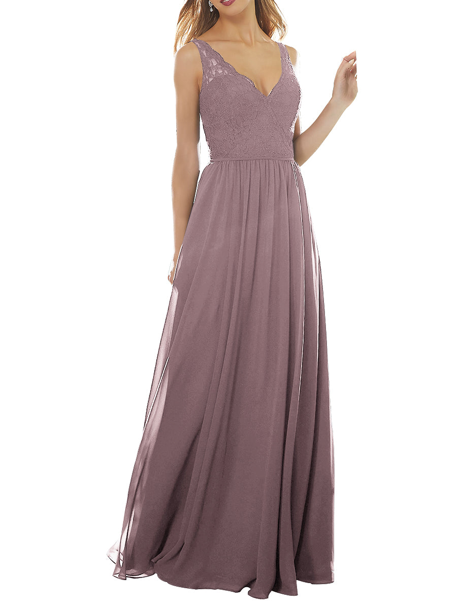 Lace Column V-Neck Sleeveless Bridesmaid Dress-MB53639