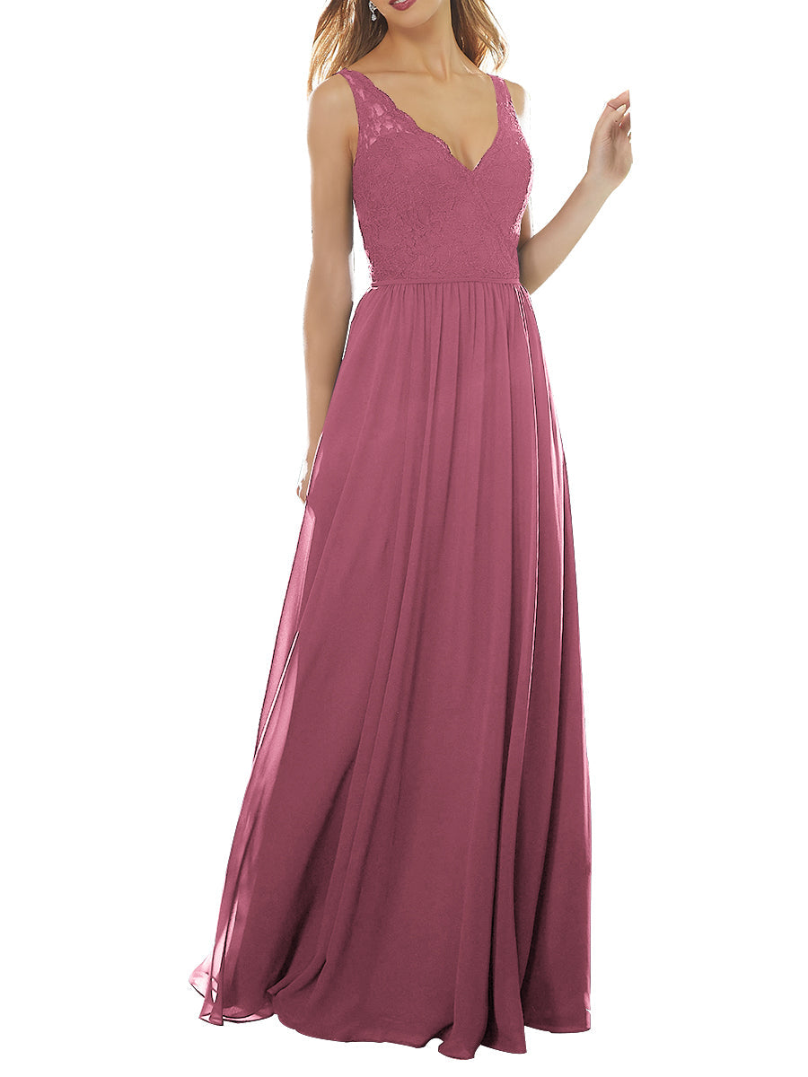Lace Column V-Neck Sleeveless Bridesmaid Dress-MB53639