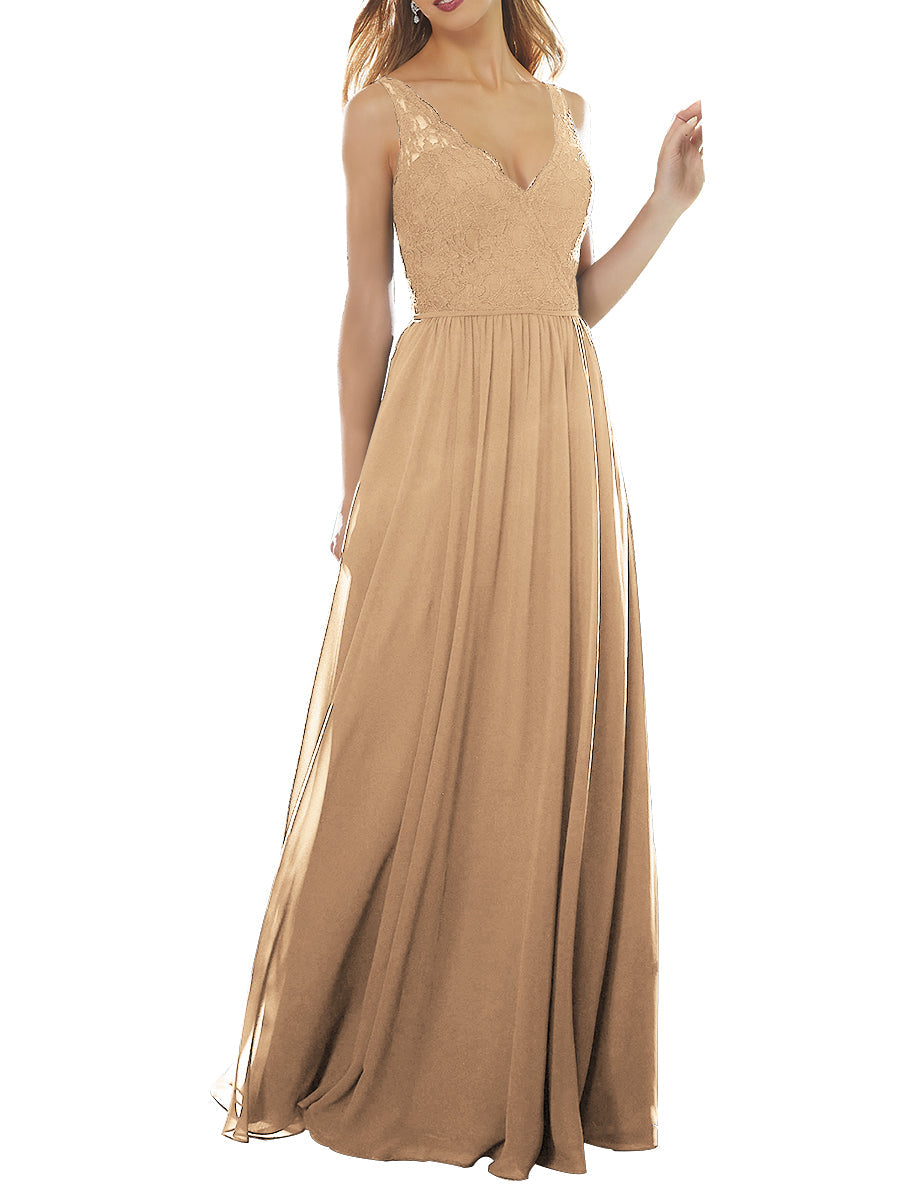 Lace Column V-Neck Sleeveless Bridesmaid Dress-MB53639