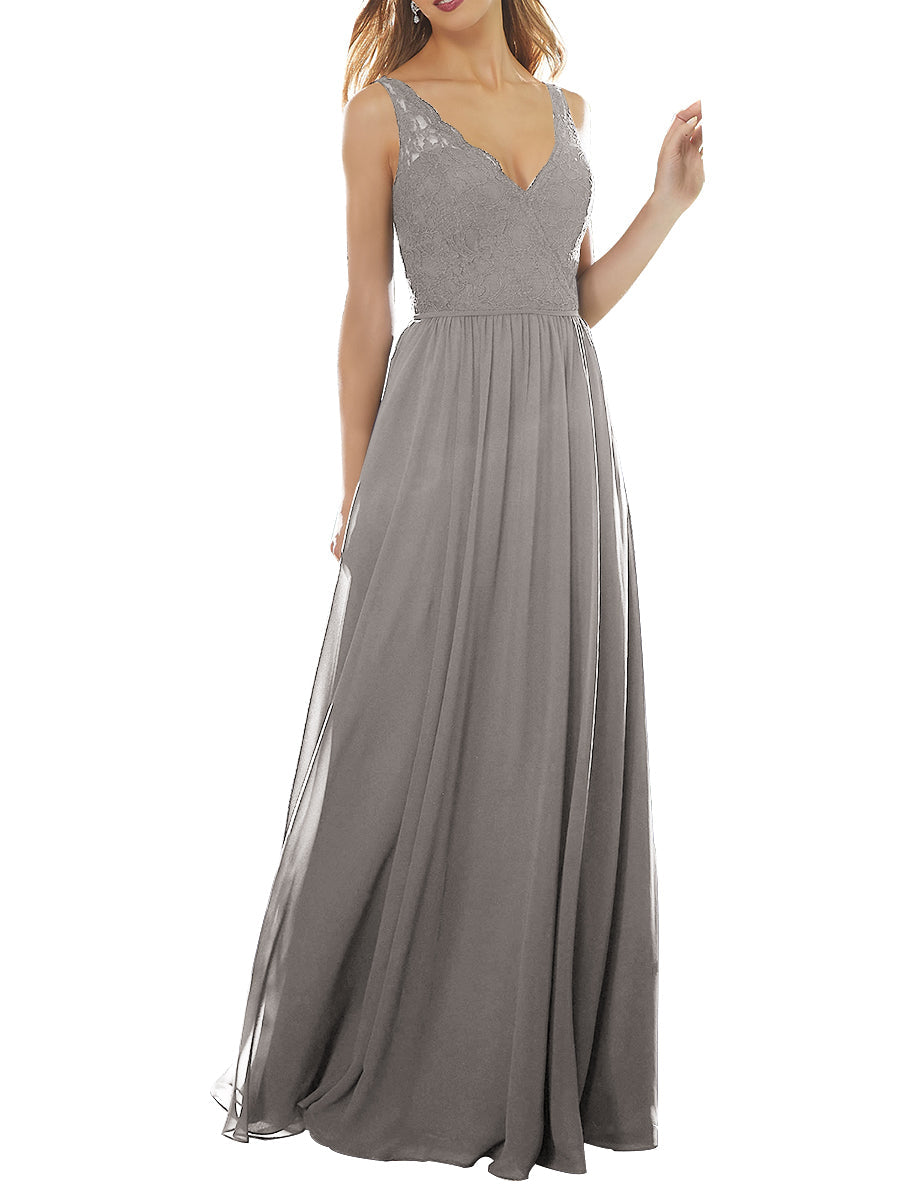 Lace Column V-Neck Sleeveless Bridesmaid Dress-MB53639