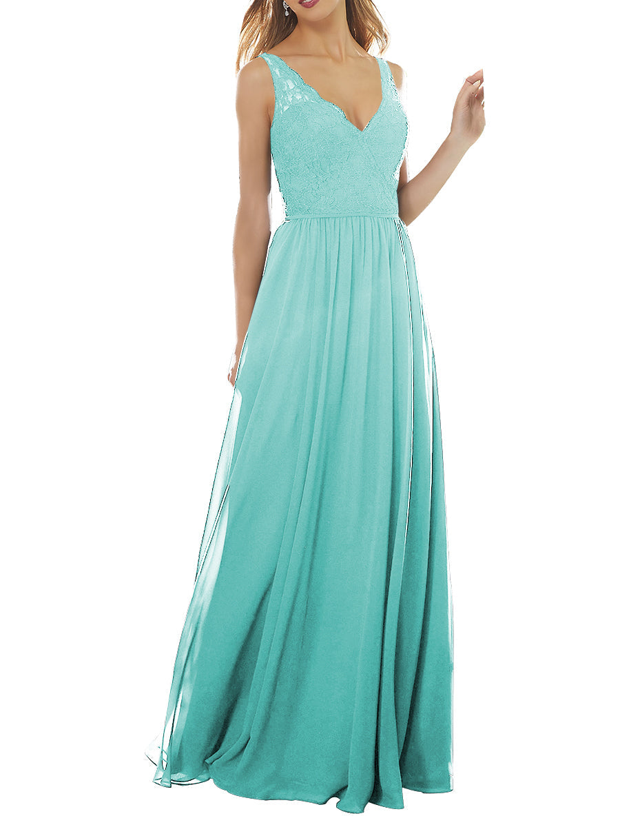 Lace Column V-Neck Sleeveless Bridesmaid Dress-MB53639