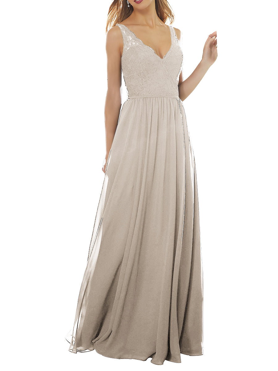 Lace Column V-Neck Sleeveless Bridesmaid Dress-MB53639