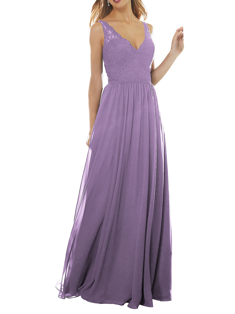 Lace Column V-Neck Sleeveless Bridesmaid Dress-MB53639