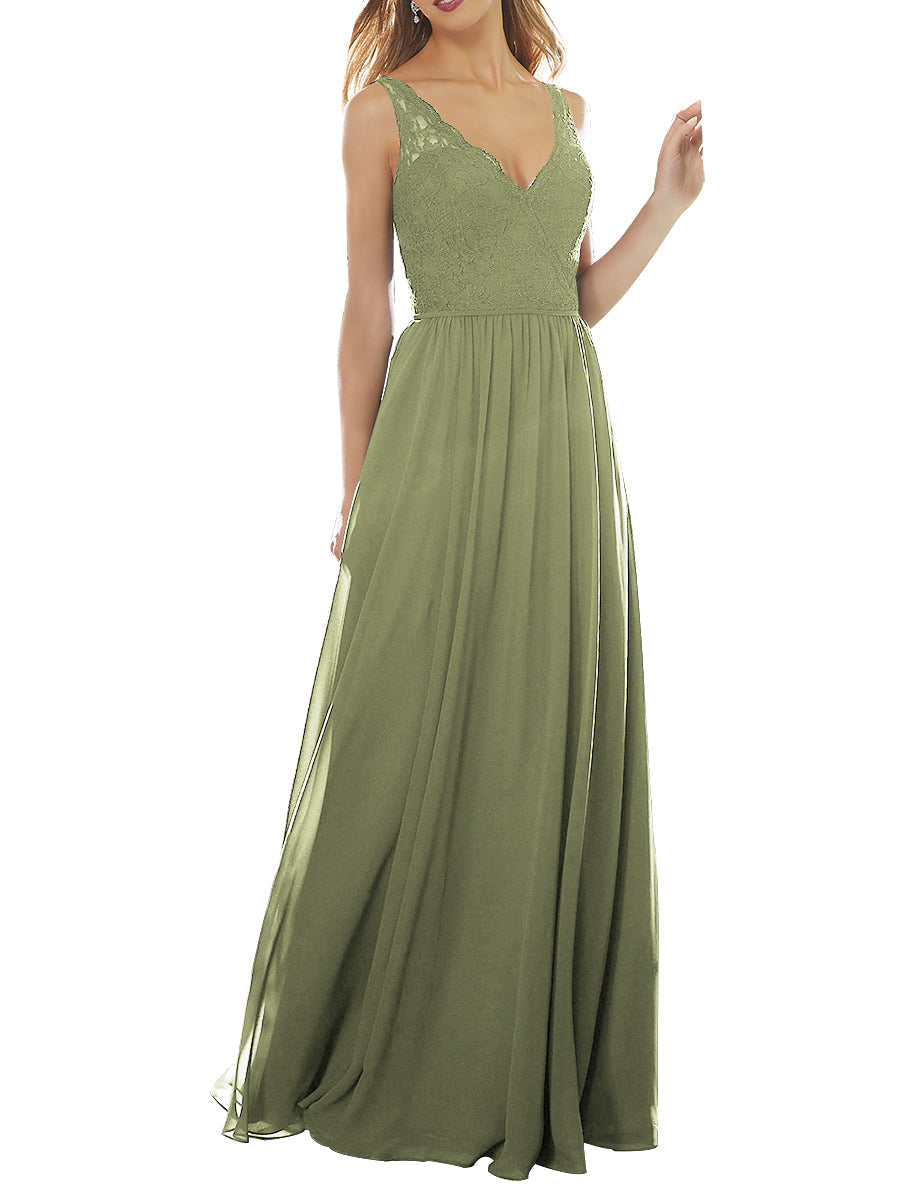 Lace Column V-Neck Sleeveless Bridesmaid Dress-MB53639