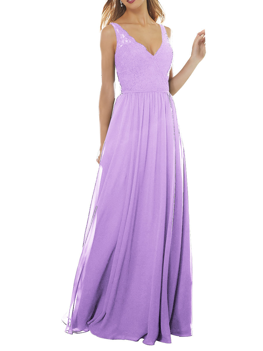 Lace Column V-Neck Sleeveless Bridesmaid Dress-MB53639