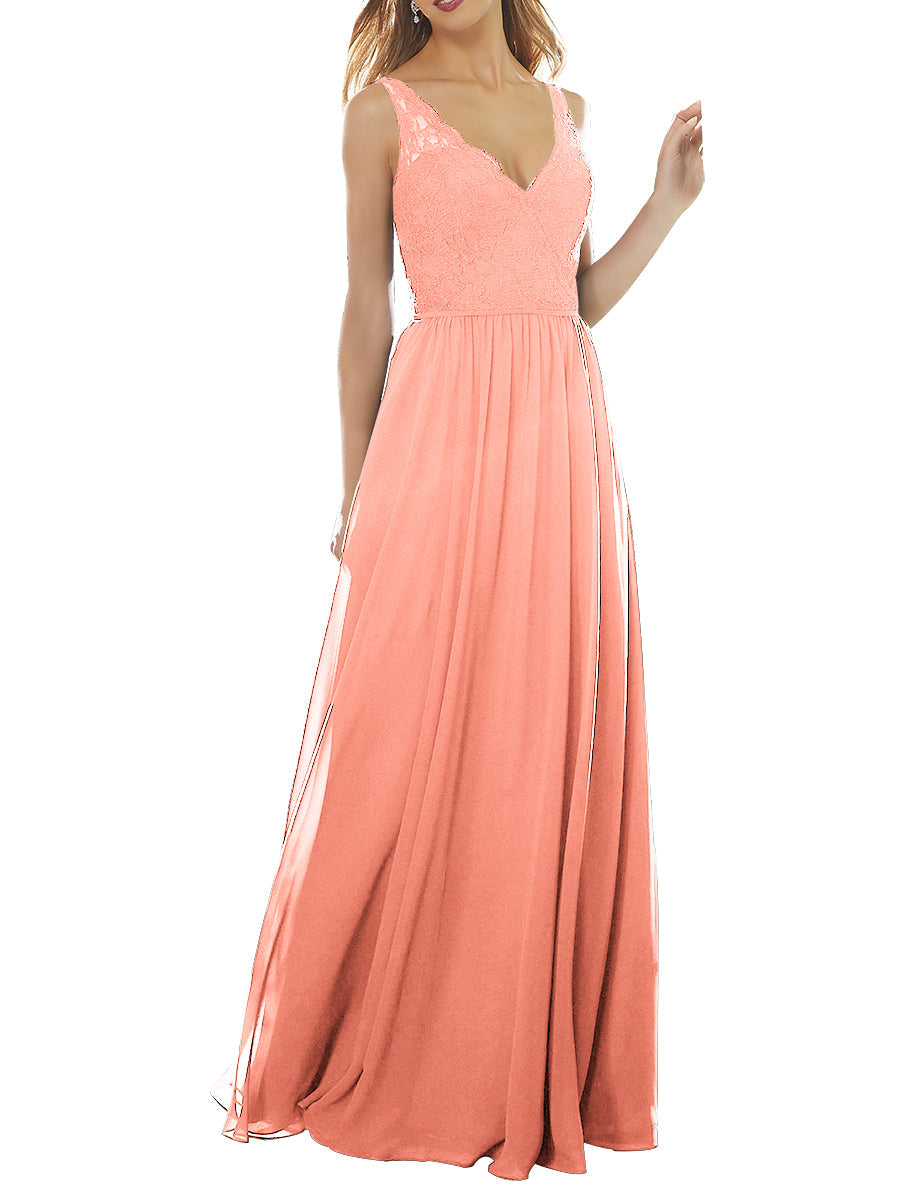 Lace Column V-Neck Sleeveless Bridesmaid Dress-MB53639