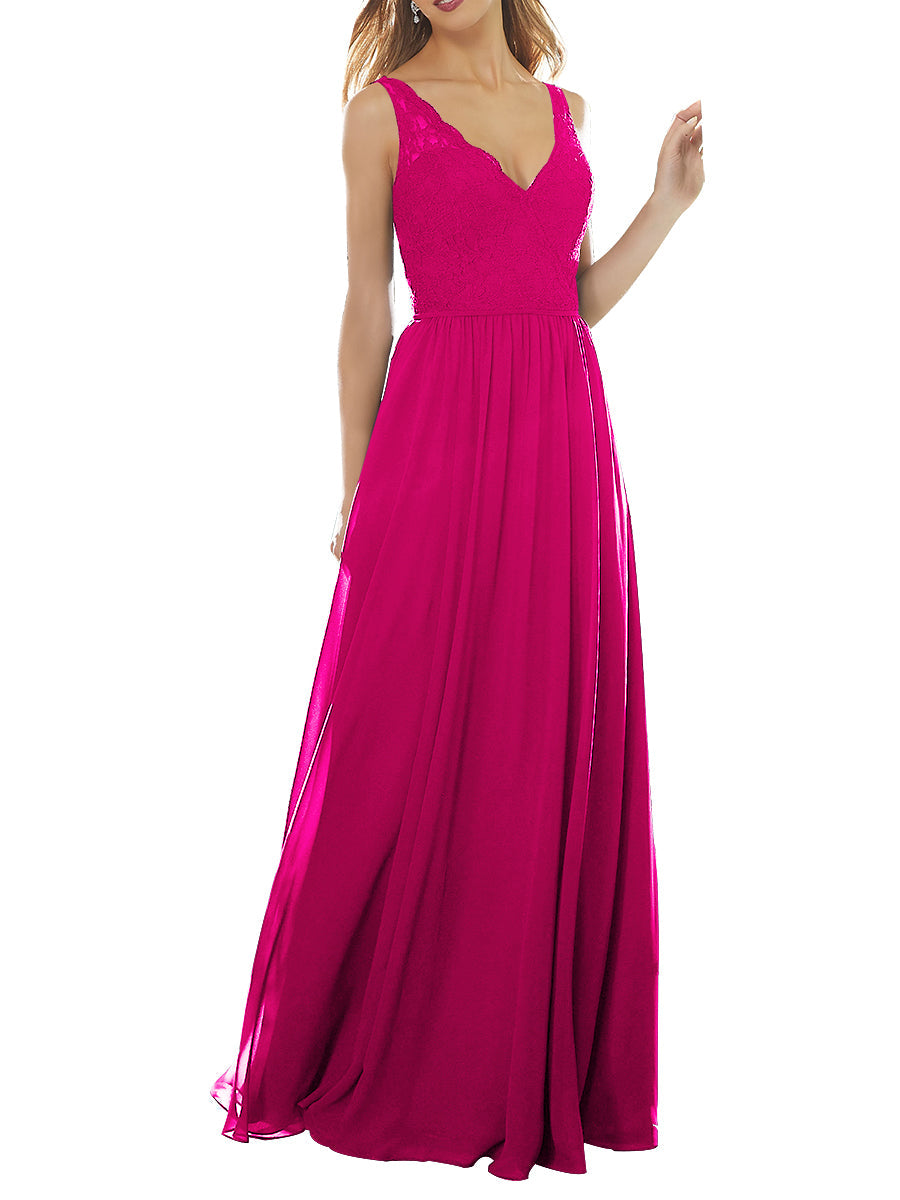 Lace Column V-Neck Sleeveless Bridesmaid Dress-MB53639