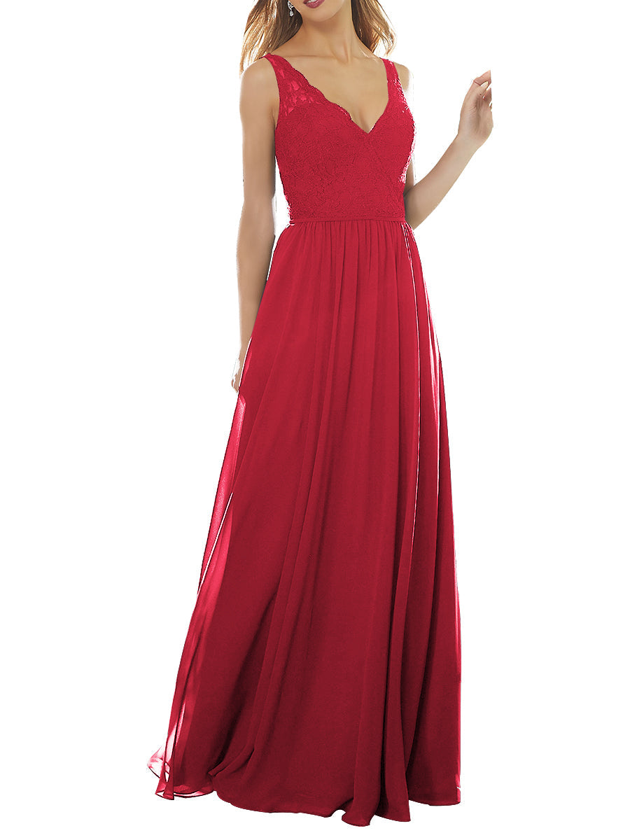 Lace Column V-Neck Sleeveless Bridesmaid Dress-MB53639