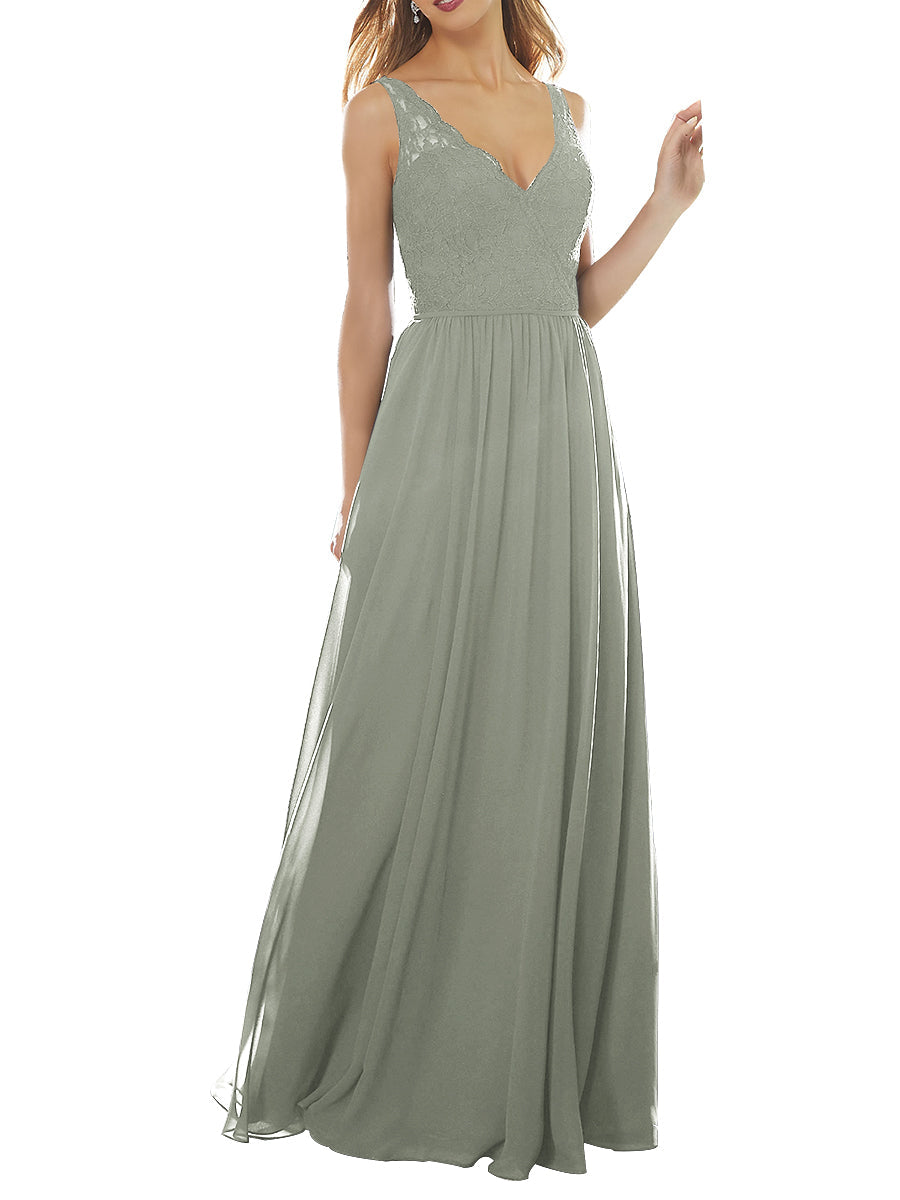 Lace Column V-Neck Sleeveless Bridesmaid Dress-MB53639