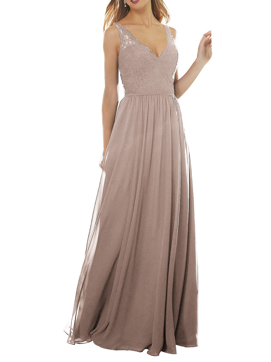 Lace Column V-Neck Sleeveless Bridesmaid Dress-MB53639