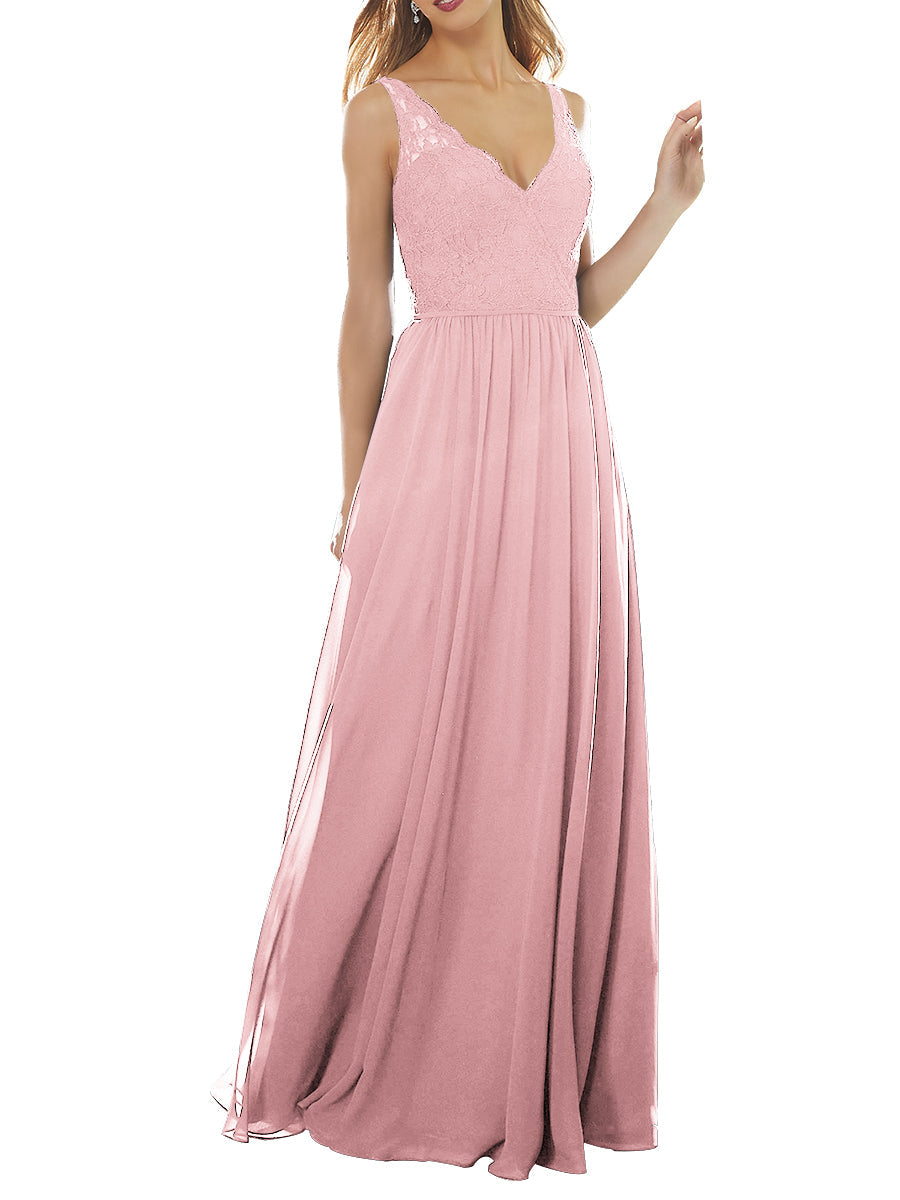 Lace Column V-Neck Sleeveless Bridesmaid Dress-MB53639